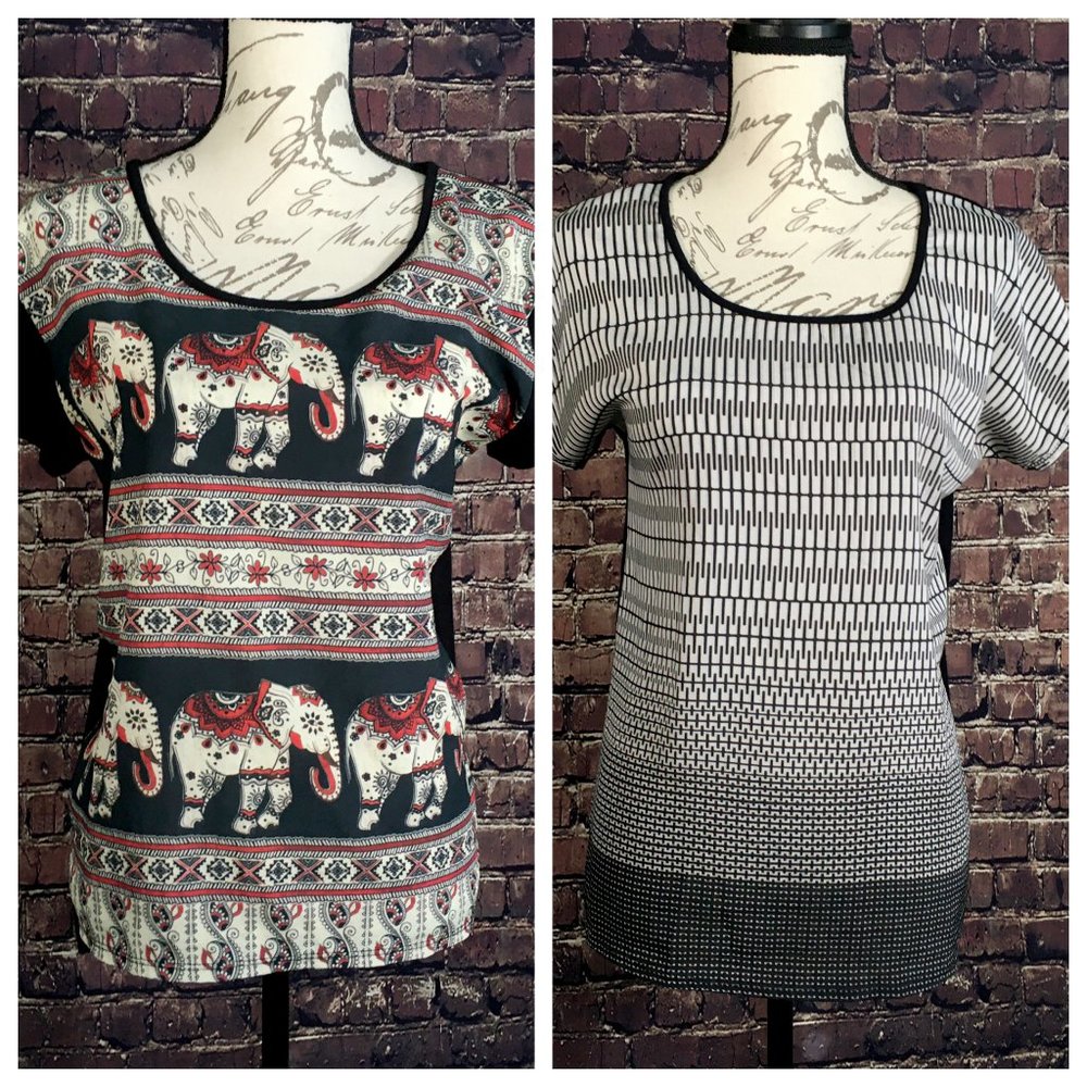 Elephant Geometric Short Sleeve Rayon/Silk Shirt